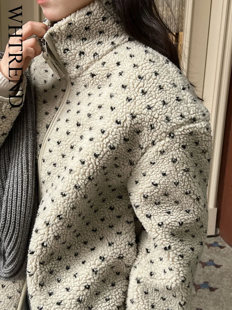 

WHTREND куртка из овечьей шерсти в горошек, пальто для женщин, зимние новые куртки с воротником-стойкой на двойной молнии, теплые пальто WH2158