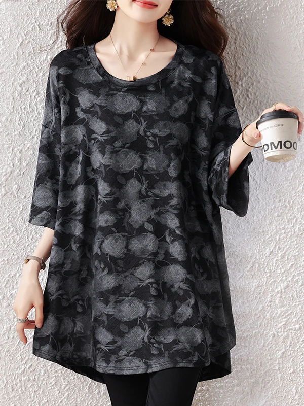 

Женская футболка в повседневном стиле с рукавом до локтя, без этикетки, больших размеров, свободного кроя, с цветочной вышивкой, элегантная, летняя, новинка