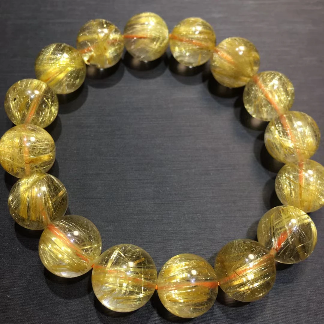 Natural Gold Rutilated Quartz Titanium Bracelet Wealthy Woman Men 12.8mm Clear Round Beads Jewelry From Brazil AAAAAAA