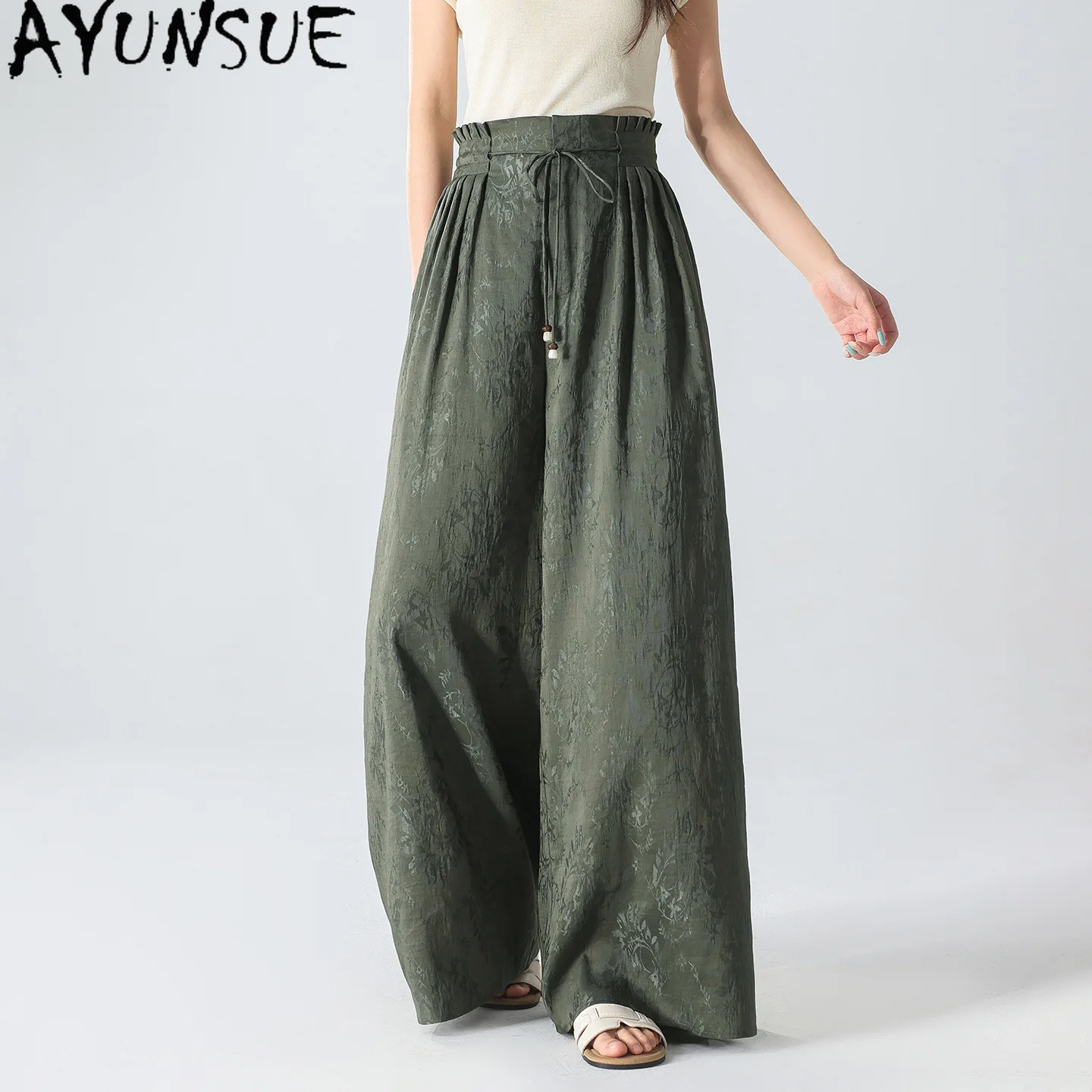 AYUNSUE 54.5% Mulberry Silk and Linen Blended Trousers Women Autumn High Waisted Jacquard Wide Leg Pants Women 2026 Pantalones
