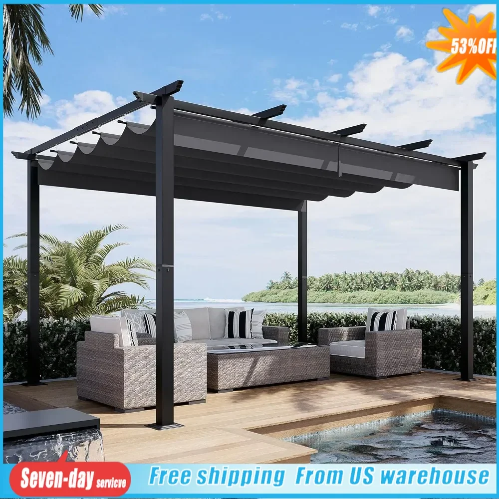 10' x 13' Outdoor Retractable Pergola with Awning, Garden Metal Shelter, Beach Pavilion Modern Courtyard Grape trellis Pergola