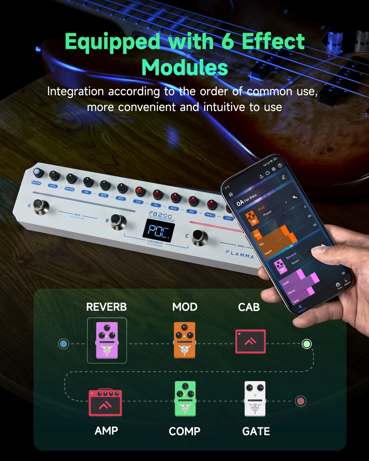 FLAMMA FB200 Intelligent Bass Multi-Effects Pedal with 40 Presets 10 AMP Models 10 CAB Simulations 9 IR Slots 40 Rhythm Styles