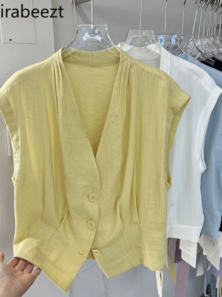 

2025 Summer Women's Linen V-Neck Sleeveless Blouse - Slim Fit Waist Vest Top Fashionable Casual Chic Shirt