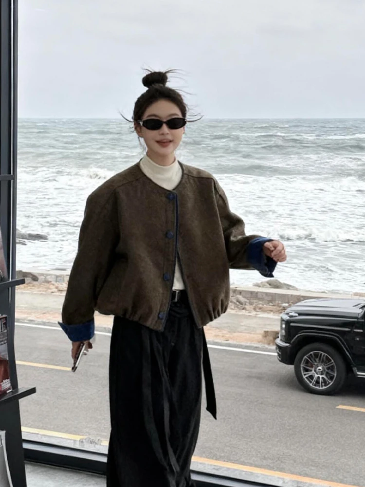 Retro American Suede ort Jaet Women's Loose Casual Sle Autumn Winter Top Small Size Faionable Leisure Outerwear