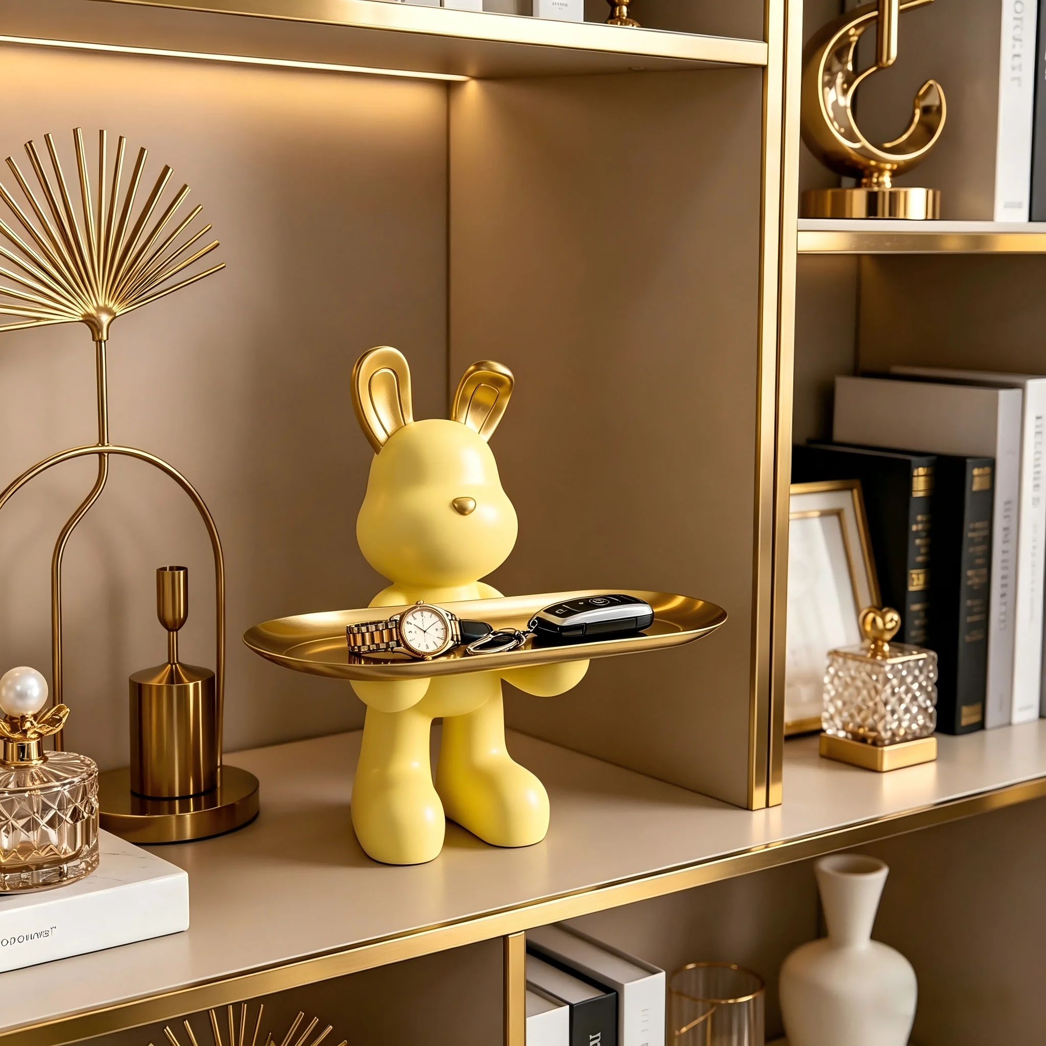 Charming Rabbit Figurine with Metal Tray, Resin Bunny Decorative Tray for Keys, Earrings, Rings, Cute Home Accent