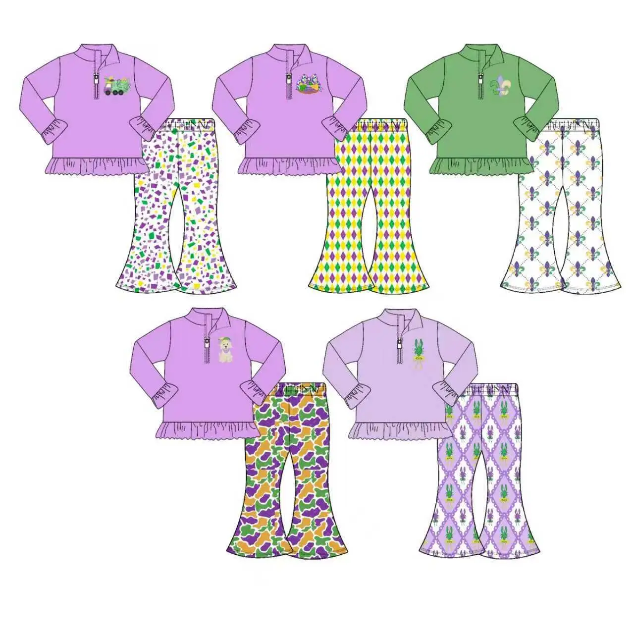 Girls Long Sleeves Lobster Crown Print Zip Pullover T-Shirt Top Bell Bottom Pants Mardi Gras Themed Boutique Outfit Set