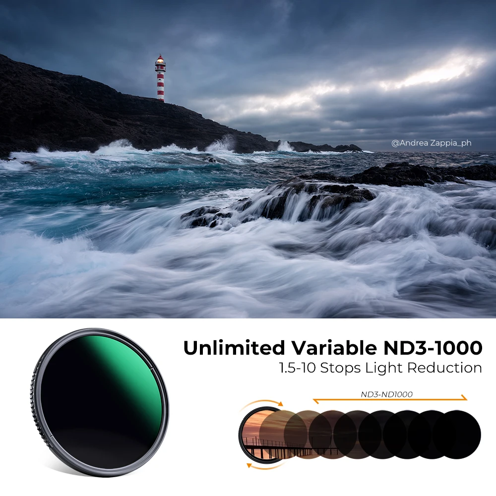 K&F CONCEPT D-Series Variable ND3-1000 ND Filter طلاء 24 طبقة، لعدسة الكاميرا 37/40.5/43/46/49/52/55/58/62/67/72/77/82 مم