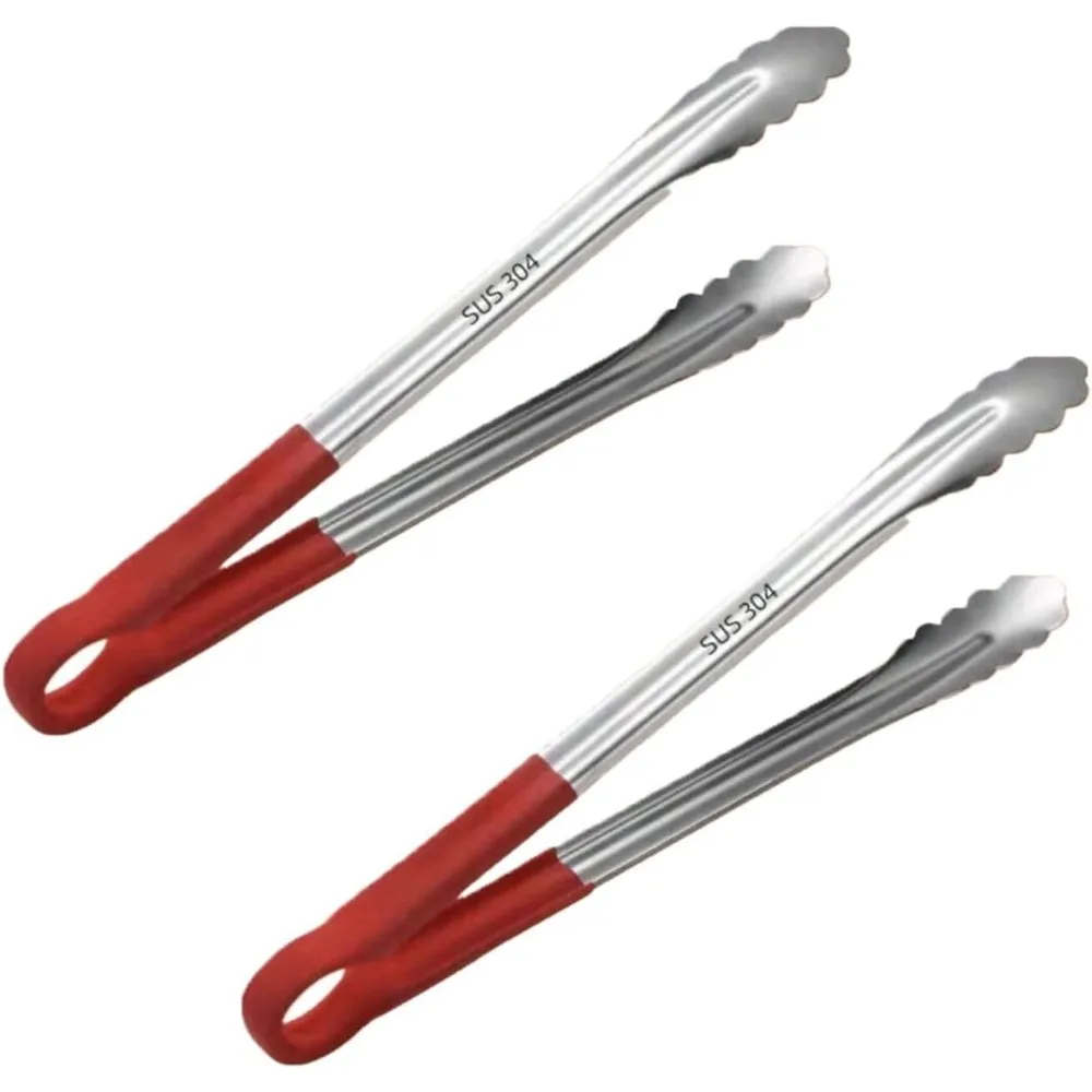 16In Extra Long 304 Stainless Steel Food Tongs, Red Rubber Grip, Heavy Duty Kitchen BBQ Serving Tongs for Steak Grilling