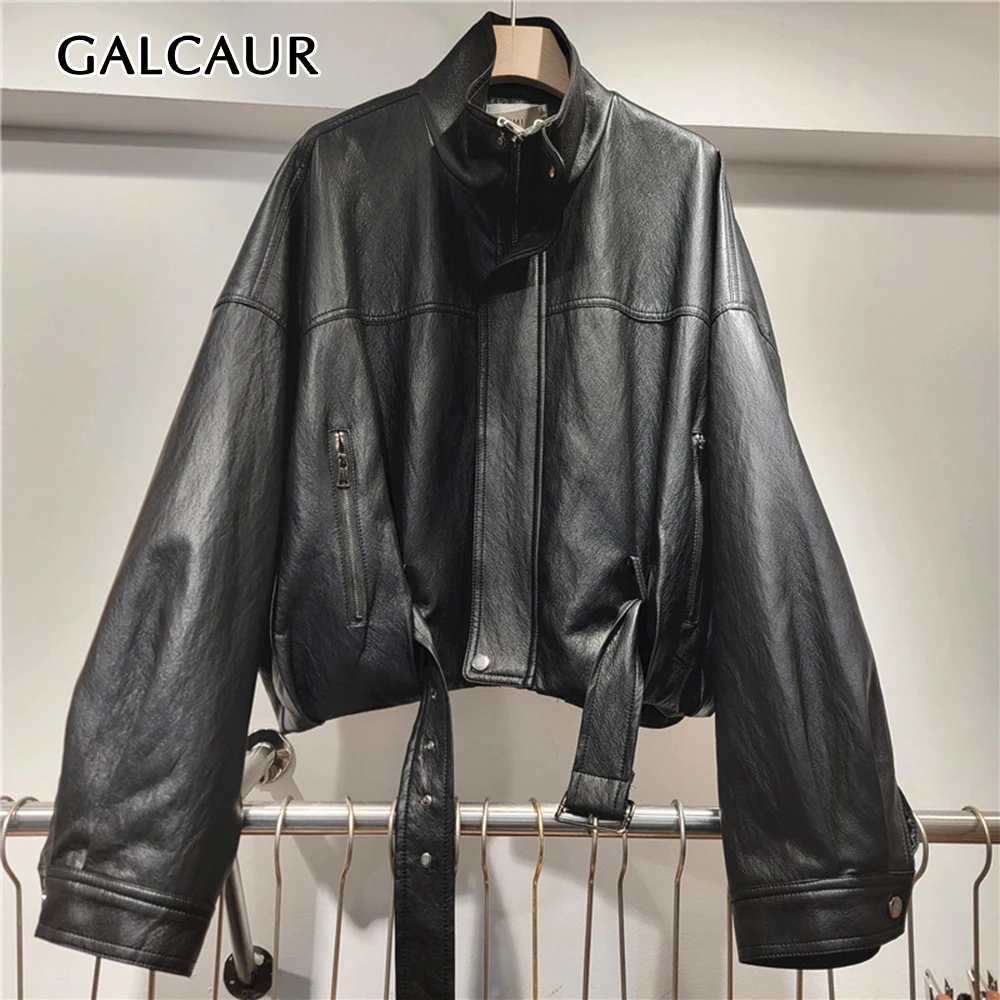 GALCAUR Pocket Spliced Belted Loose Solid Jacket for Women Stand Collar Long Sleeve Patchwork Zipper Casual Jacket Female Style
