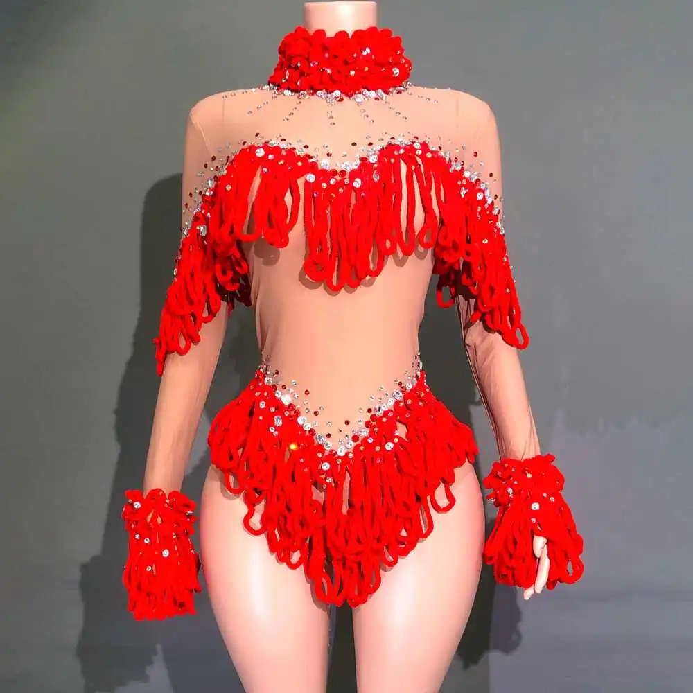 

Sparkly Rhinestones Tassels Bodysuit for Women Sexy Mesh See Through Performance Dance Costume Dancer Stage Wear Club Outfit