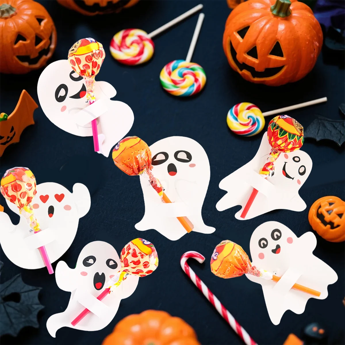 48 Stück Geister-Lutscherhalter, Happy Halloween Lutscher-Dekoration, Papierkarte, Trick or Treat Süßigkeiten-Set, Kinder-Halloween-Party – Detail 4