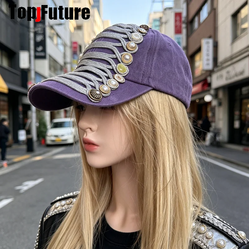 Subculture Y2K Girl Women's Purple Baseball Cap with Pearl Embellishments Unique Steampunk Military Inspired Hat  American Retro