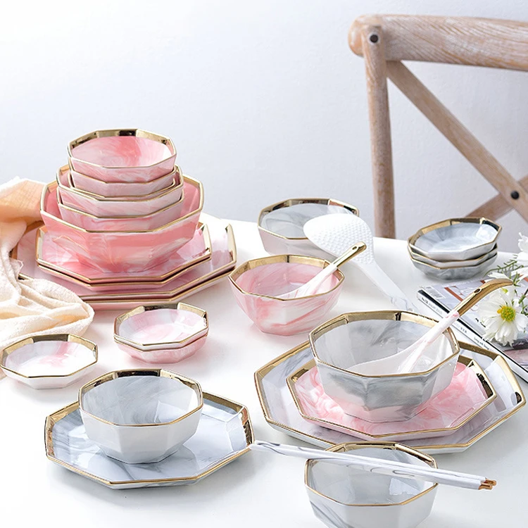 Unique Shape Tableware Marble Gold Rimmed Fine Bone China Nordic Dinnerware Set Custom Made Rustic Ceramic Dinnerware Sets