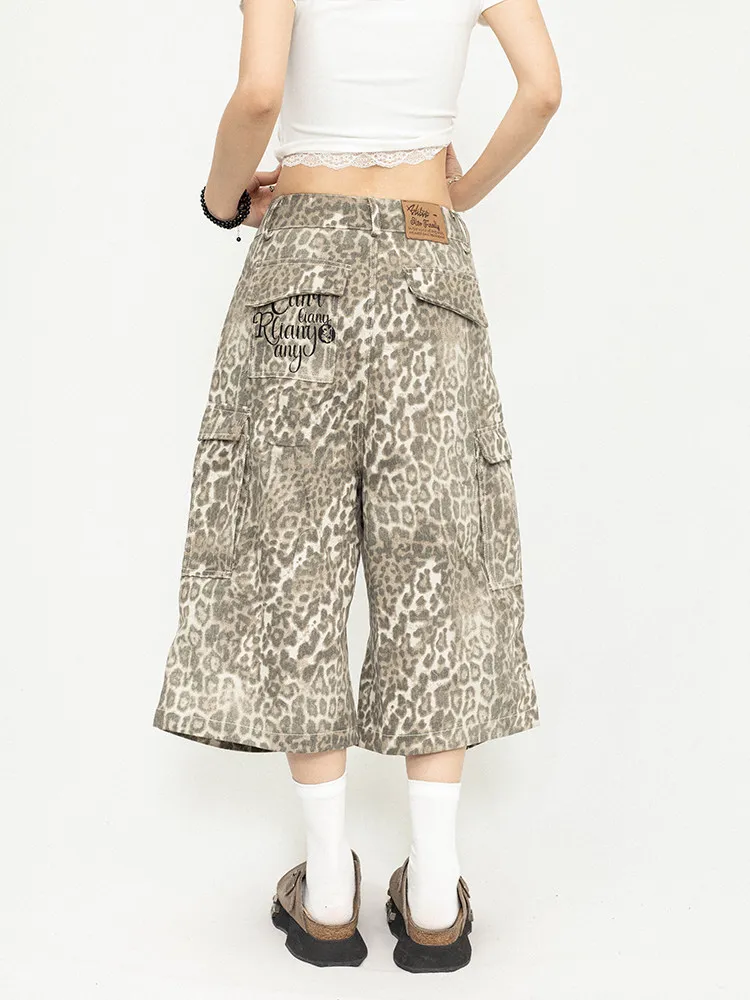 Retro American Street Leopard Print Seven-Foot Pants Women's Loose Straight Casual Jeans Mid-Calf Summer Spring Denim