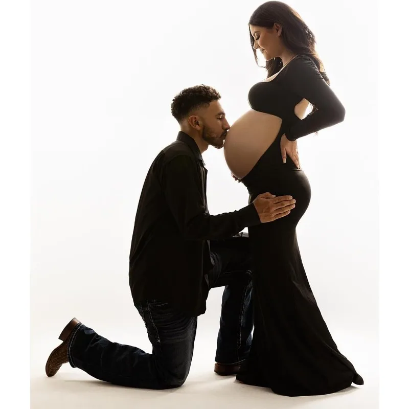 Cut Out Maternity Dress for Photos Open Belly Long Sleeve Photography Gown Square Neck Maternity Outfit Dresses