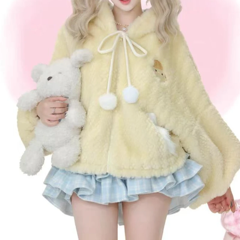 Doce lolita estilo 2 peça define feminino kawaii bola de pelúcia quente casaco com capuz xadrez mini bolo saias terno outono inverno y2k outfits