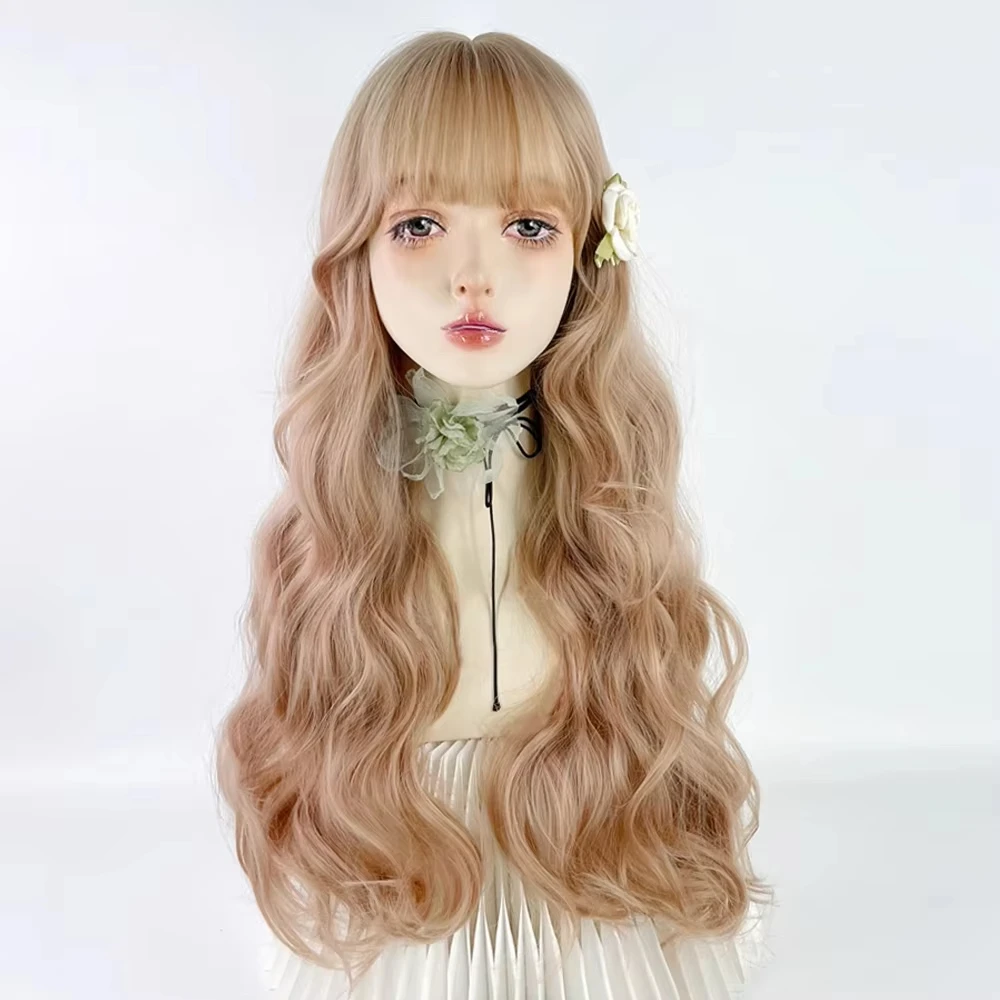 غاكا شقراء الاصطناعية طويلة متموجة المرأة شعر مستعار مع الانفجارات رقيق لوليتا تأثيري الشعر مقاومة للحرارة شعر مستعار للحزب اليومي #5