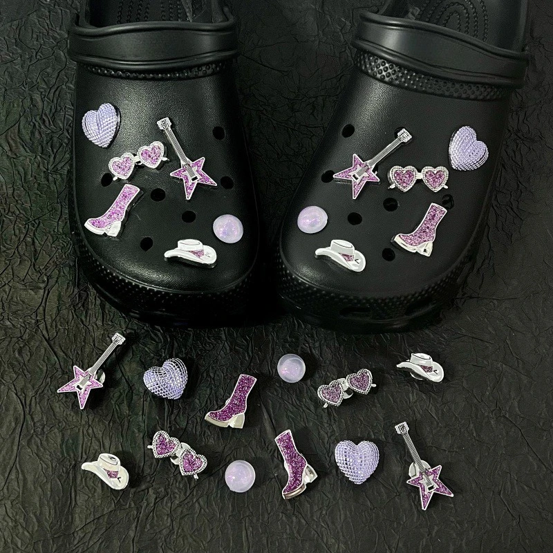Purple Punk Rock Heart Guitar DIY Shoe Charms For Clogs Hole Bubble Slides Sandals Removable Shoe Decoration Accessorie Gifts