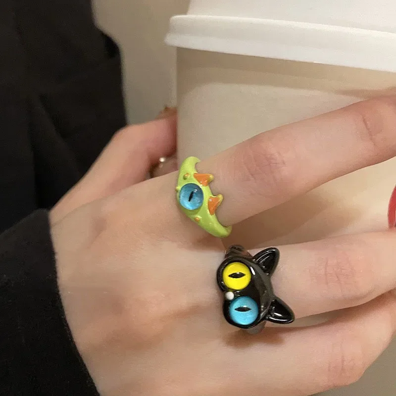 New Cute Two Color Cat Eyes Open Couple Ring Green Monster Rings for Women Men Fashion Sweet Finger Jewelry Accessories Gift