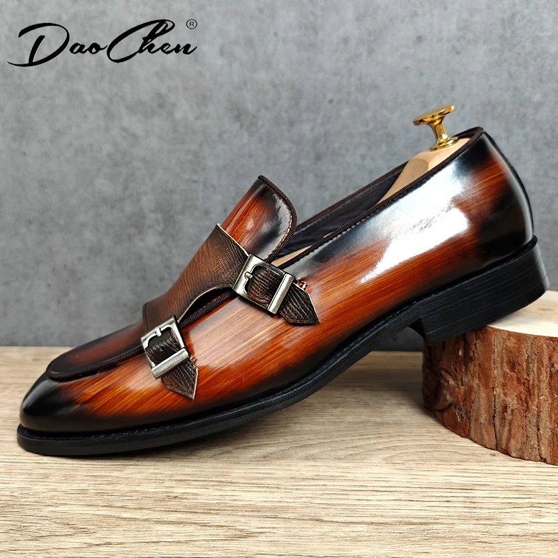 DAOCHEN Luxury Mens Leathe Shoes Slip On Patent Leather Coffee Black Monk Strap Men Shoes Wedding Party Casual Dress Loafers