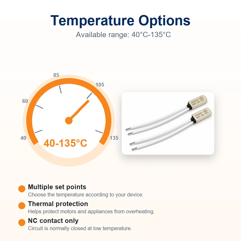 100PCS KSD9700 16A Metal Thermostat Temperature Switch Thermal Protector NC Normally Closed 50C 70C 95C 100C