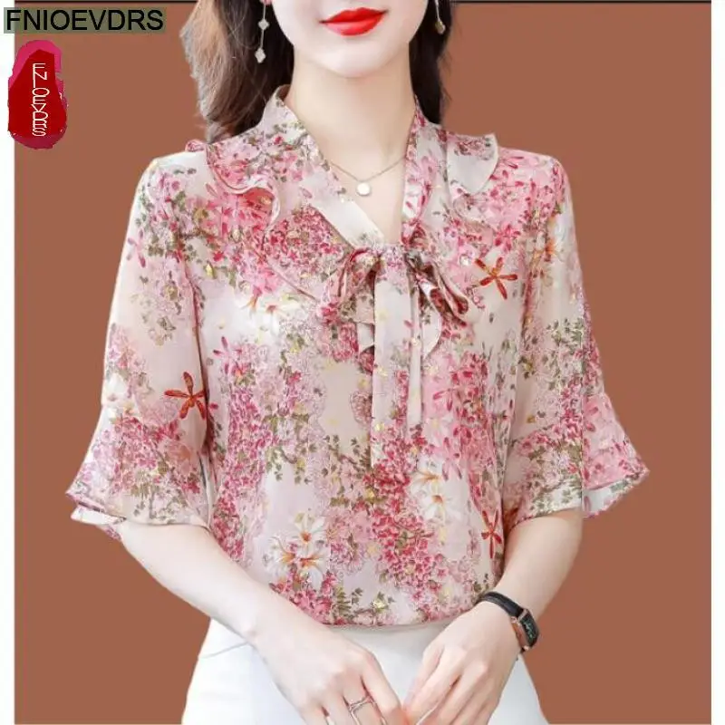 

M-4XL Hot Sales 2023 Women Summer European Style Office Lady Pink Lace-Up Bow Tie Floral Print Flare Sleeve Top Blouses