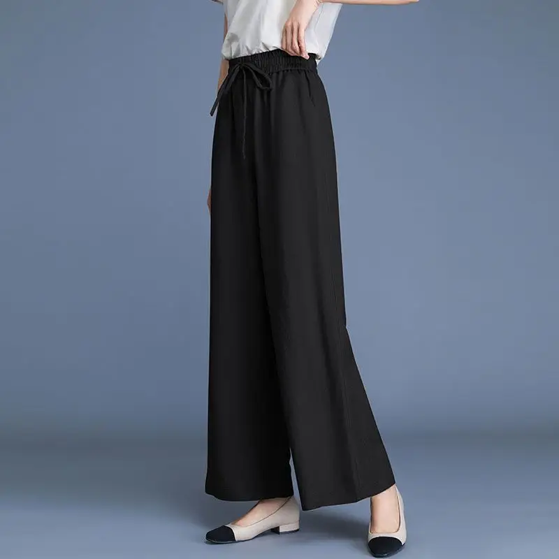 

Women Black High Waist Drawstring Wide Leg Pants Loose Casual Solid Color Trousers Summer Lightweight Palazzo Pants