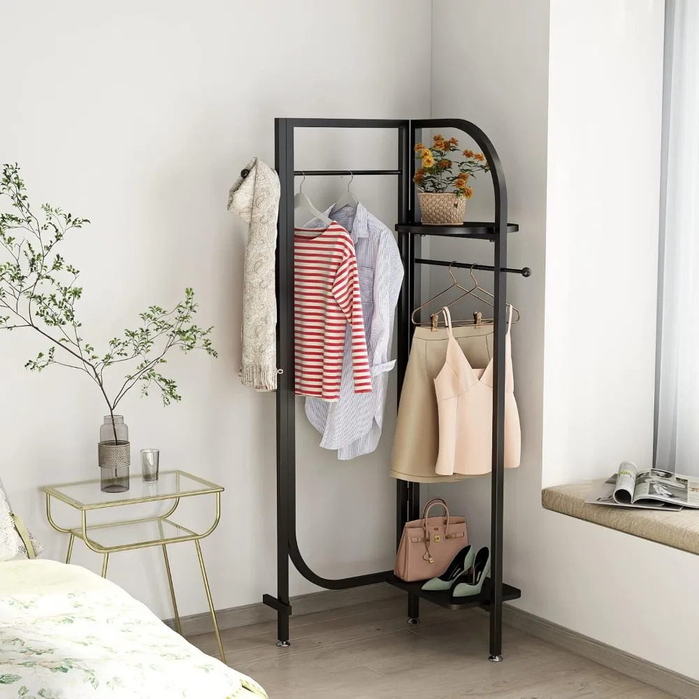 

Corner Black Metal Clothing Racks,Heavy Duty Freestanding industrial Clothes Racks Coat Rack for Hallway Entryway,Design Unique