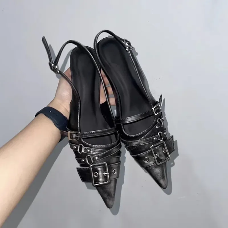 Zapatos de tacón alto de punta para mujer con hebilla de cinturón, estilo Baotou, sandalias frías 2025, de medio tirón, sin talón, de una sola pieza