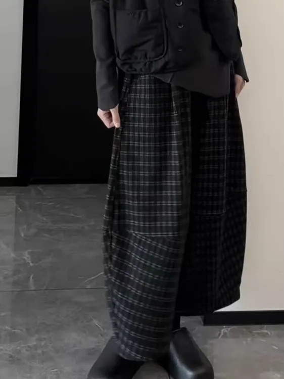 Retro Lazy Style Women's High Waist Wide Leg Pants Autumn New Loose Slimming Casual Lantern Pants Checkered Knife 
