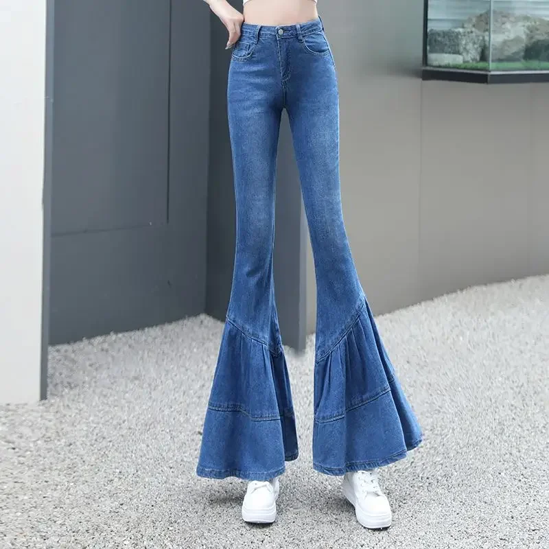 

Summer Fashion Korean Flare Jeans Women Solid Wash Bleached Button Zipper Pockets Fashion Elegant Simple Slim Straight Pants A94