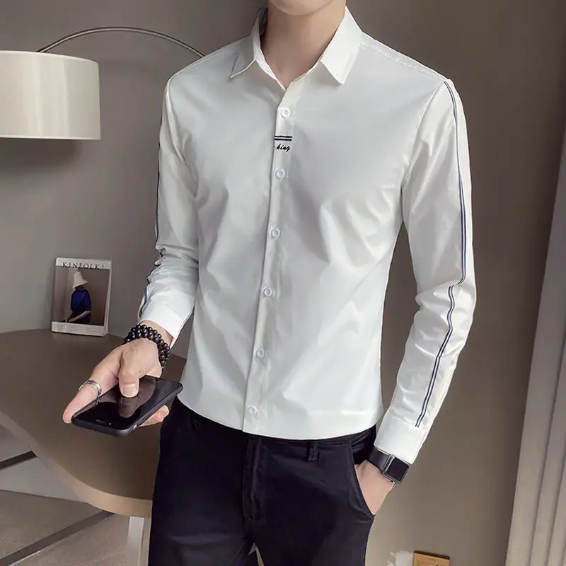 Fashion Lapel Solid Color Button Korean Embroidery Shirt Men\'s Clothing 2022 Autumn New Oversized Casual Tops All-match Shirts