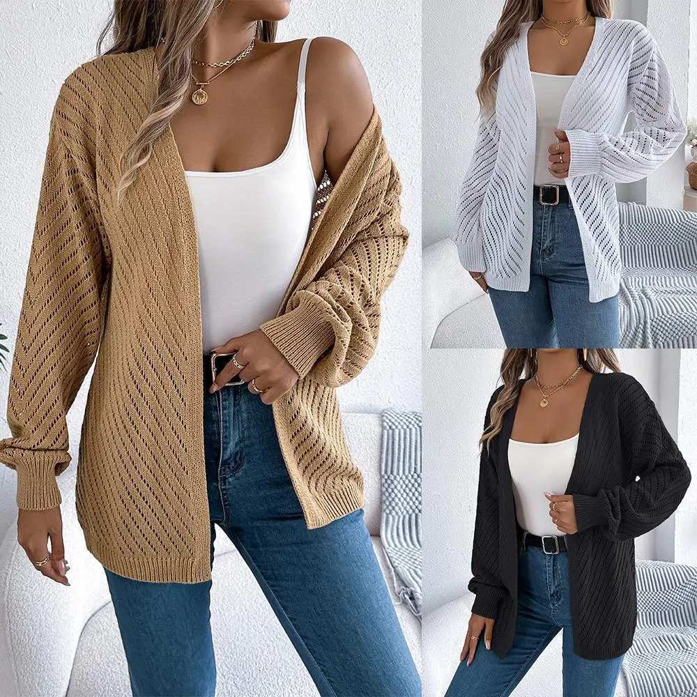 

Autumn Winter Casual Color Long Sve Open Cardigan Sweater Outerwear Independent Station Cross-Border Women's Faion