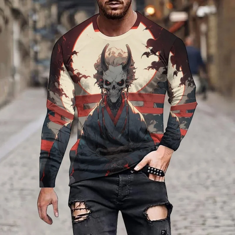 

Ghost Mask Graphic Men's Long Sleeve T-Shirt Vintage Harajuku Style Round Neck Pullover Oversize Daily Casual Breathable Clothes