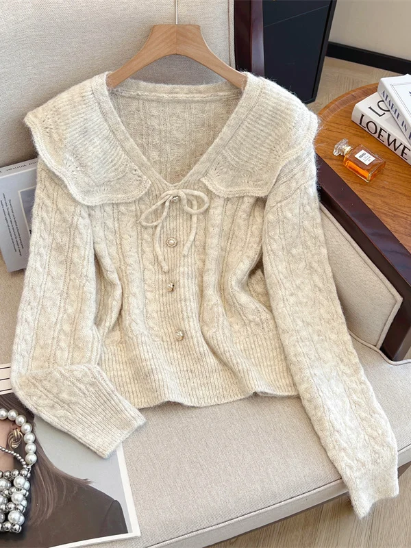 سترة نسائية محبوكة بمقاس كبير مع ياقة مكشكشة علوية Sle Sweet Youthful متعددة الاستخدامات من مزيج القطن الملون #5