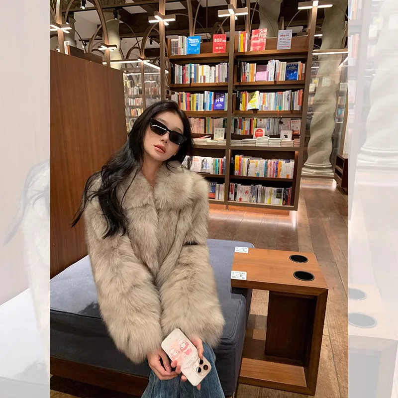 Faux Fur Coats Women Fur Jackets Solid Turn Down Collar Long Sleeves Open Stitch Thick Warm Fur Loose Casual 2025 Autumn Winter