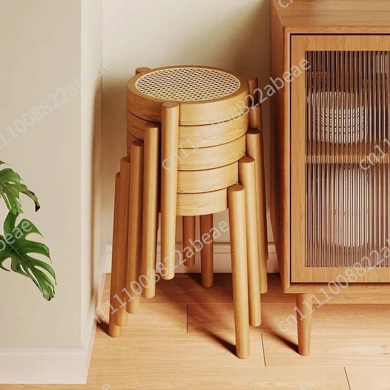 Rubberwood Home Stool  Breathable Rattan Dining Chair  Natural Wood Dining Stool Stackable Mid-Century Living Room Chair