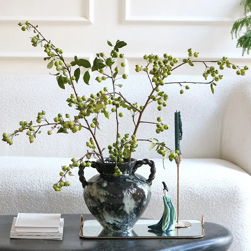 French black large vase light luxury high-end ceramic retro ornament living room dining table emotional stability flower vase