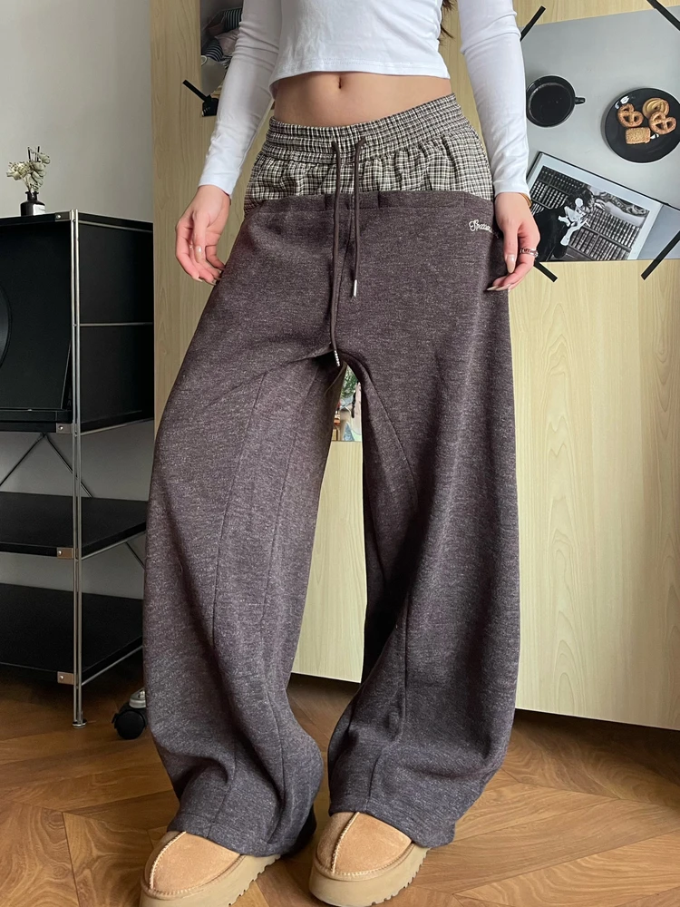 

Женские повседневные брюки в американском ретро-стиле в клетку, прямые, свободного кроя, на флисовой подкладке, с широкими штанинами, удобные, с эластичным поясом