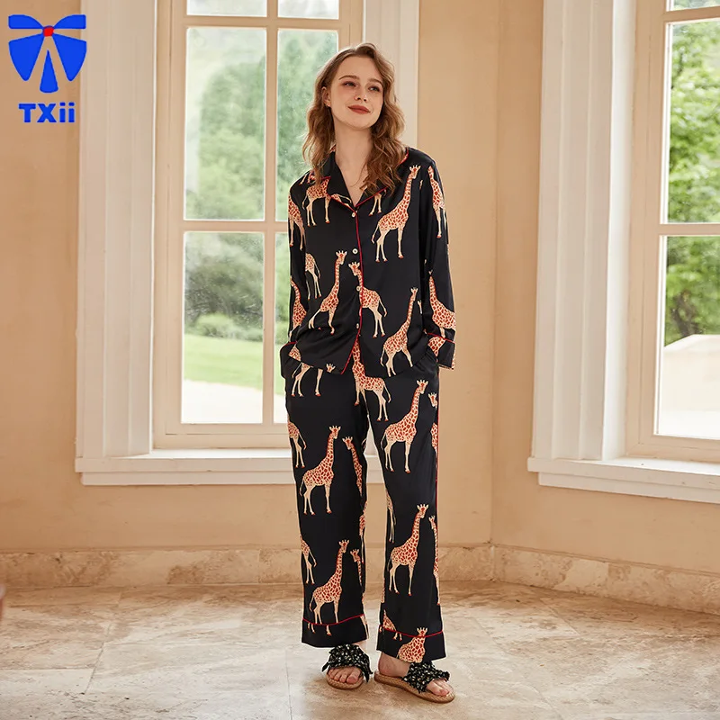 【Black Giraffe 】comfortable Ice Silk Pajamas Women High-end Sense ins Style Lapel Spring/Summer Long Sleeve Home Suit 17