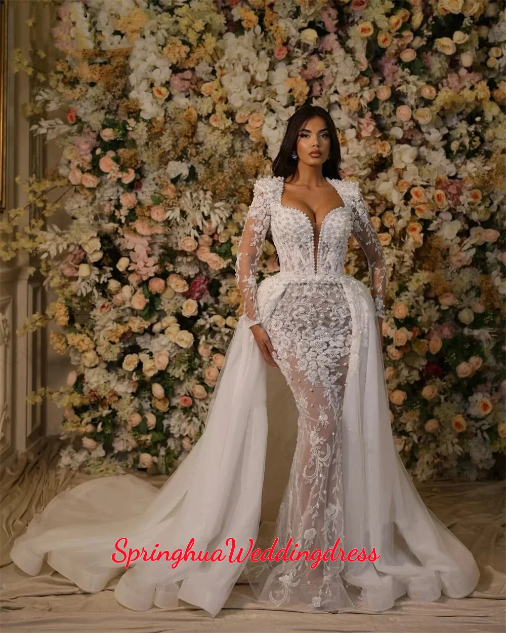

Customized Graceful Pearls Mermaid Wedding Dress Appliques Bridal Gowns Detachable Train See Through Bride Vestidos de novia