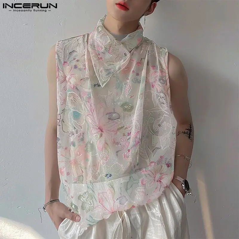 INCERUN Men Tank Tops Floral Printing Turtleneck Sleeveless Transparent Male Vests Streetwear Summer 2024 Fashion Men Clothing