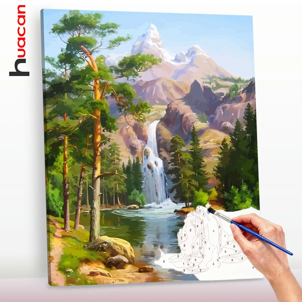 Huacan Digital Oil Painting Mountain Waterfall DIY Landscape Paint By Numbers Painting Art Picture Kits Wall Decor Living Room