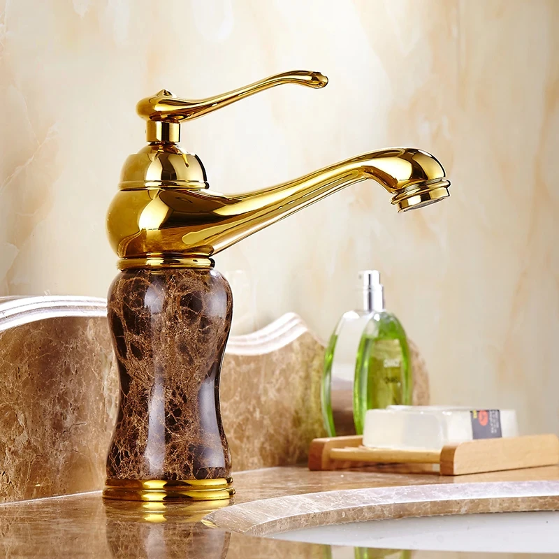 

Luxury Golden Faucet Coffee Color Marble Bathroom Sink Faucet Hot and Cold Water Mixer Sink Tap Deck Mounted Gold Tap