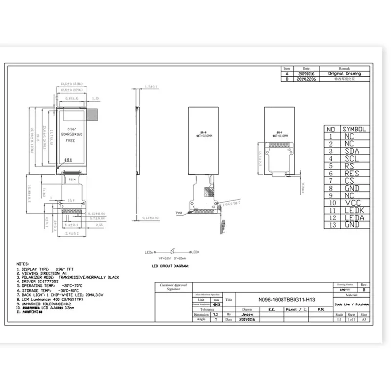 0.96 inch TN TFT color LCD display 4 line SPI interface st7735s driver chip