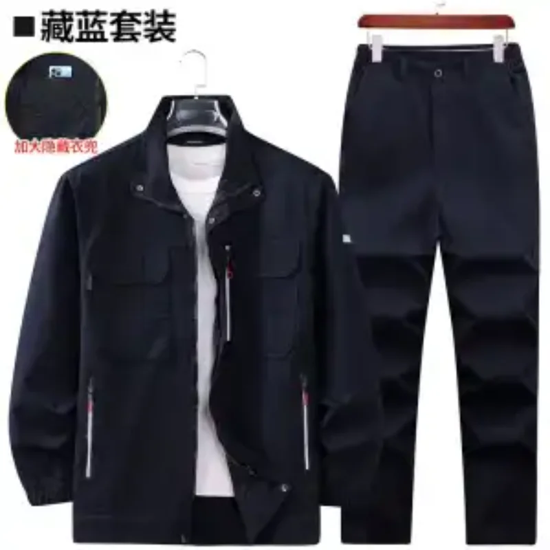 Men Workwear Suit Stand Collar Multi Zipper Pockets Jacket Pants Set Wear Resistant Hidden Chest Pocket Factory Workshop Working