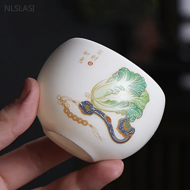 110ML Handmade Chinese Ceramic Teacup Exquisite White Porcelain Tea Cup Tradition Master Cup Household Drinkware Tea Accessories