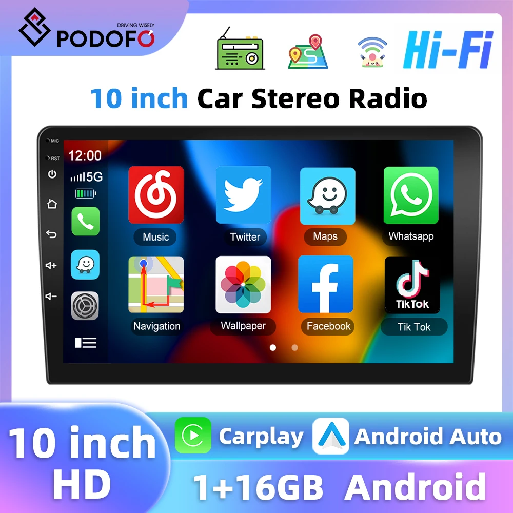 Podofo 10.1'' 4Core Universal Car Radio 2din Multimedia Player Carplay Android Auto WIFI GPS Navigation 1+16G HiFi Car Stereo