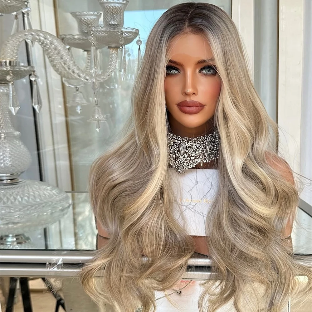 

Ombre Ash Blonde Colored Synthetic Wig for Women Dark Roots 13x4 Heat Resistant Daily Use 24" Long Wavy Blend Human Hair Wigs