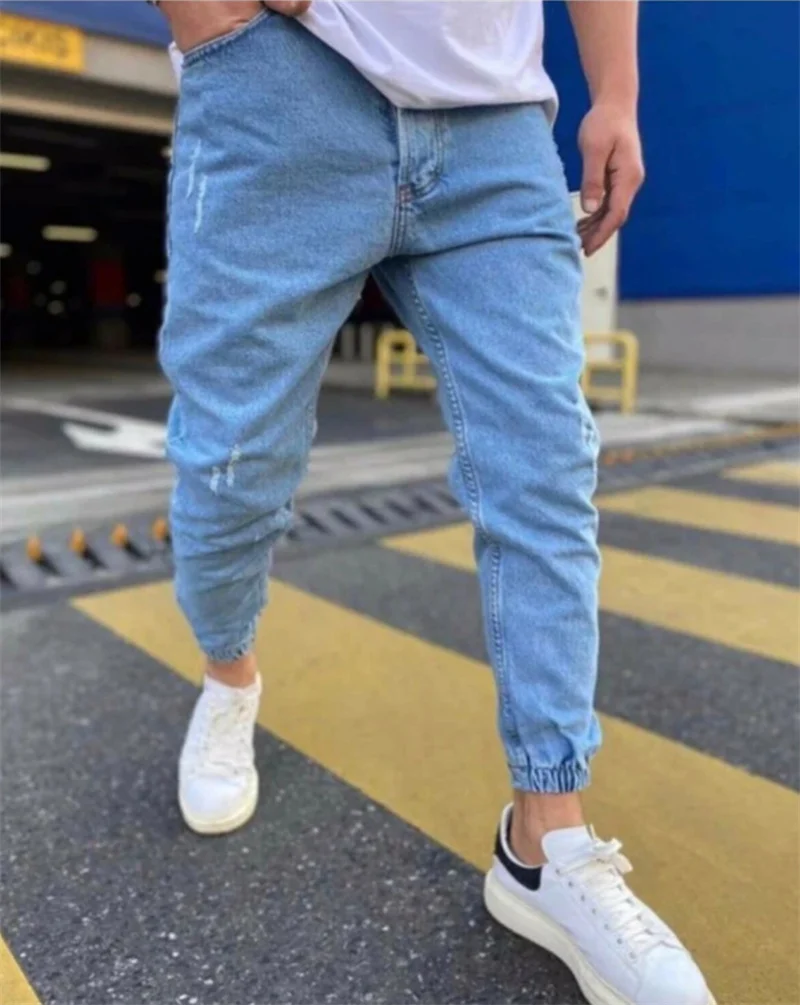 Fashion Trend Broken Holes Slim Pencil Jeans Men's Solid Color Button Splicing Denim Pants Male Youth Casual Streetwear Trousers